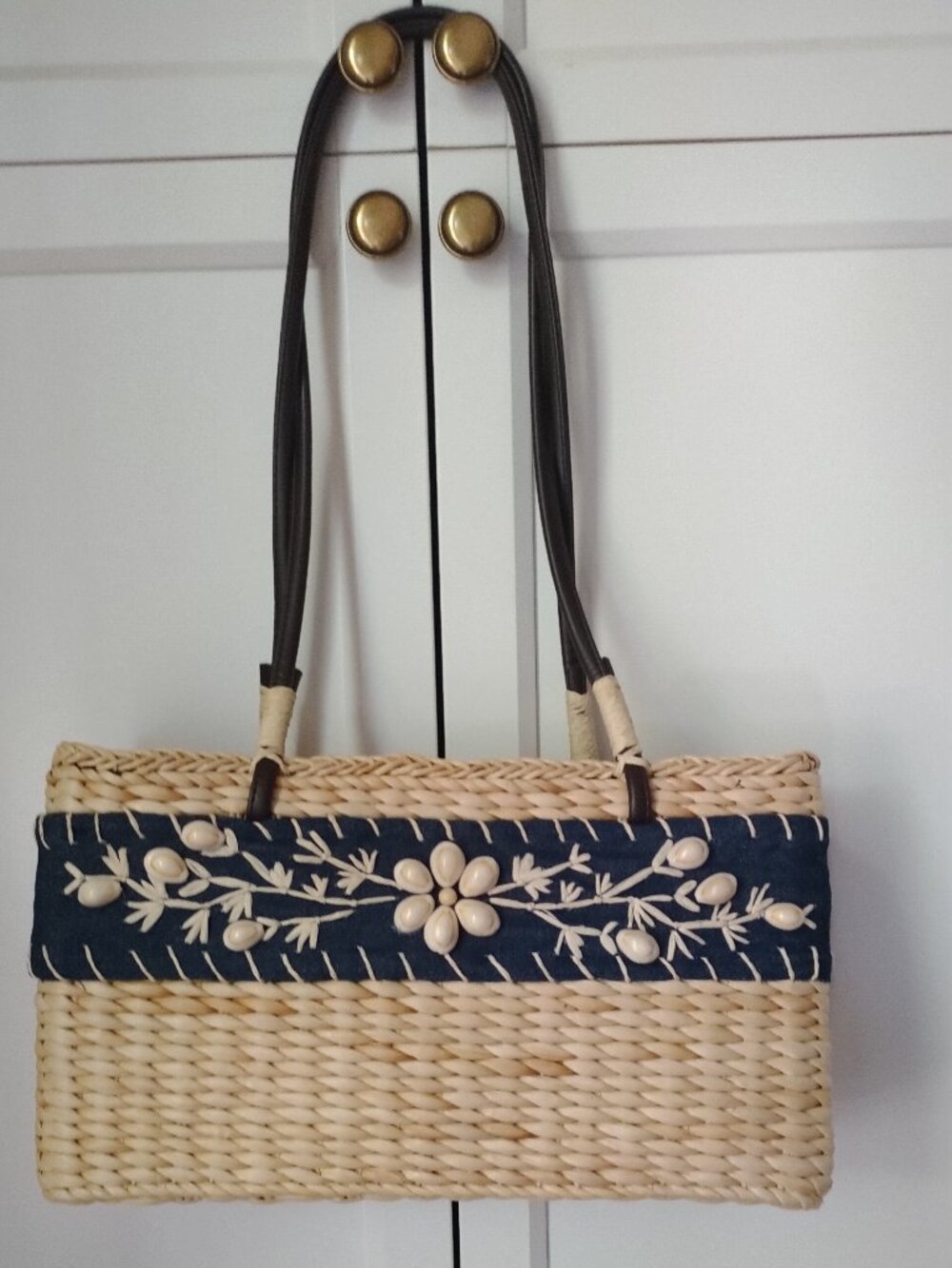 Straw Shoulder Bag with Denim, Embroidery and Shell trim, New